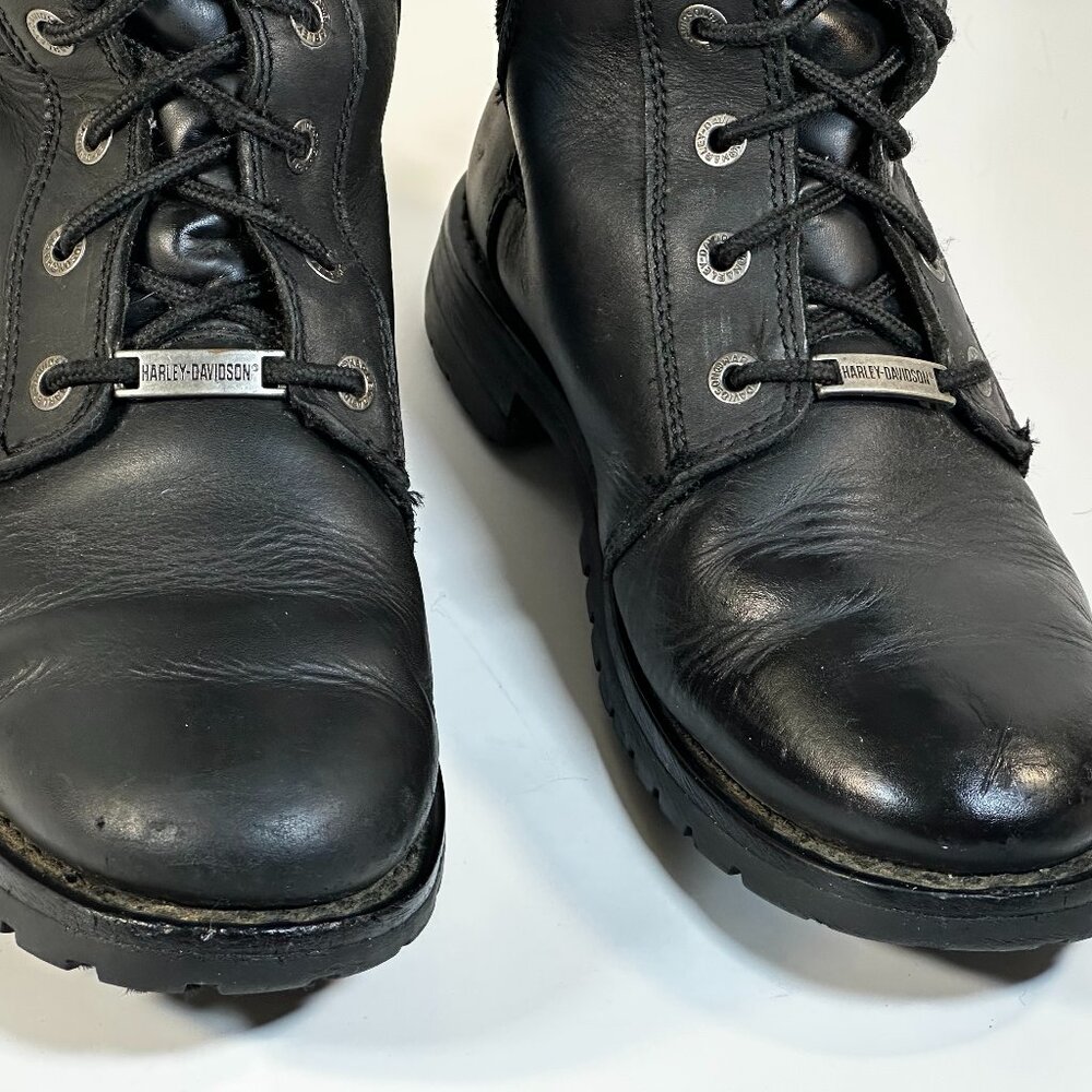 Harley-Davidson Black Leather Lace-Up Buckle Heeled Motorcycle Boots - Picture 13 of 16
